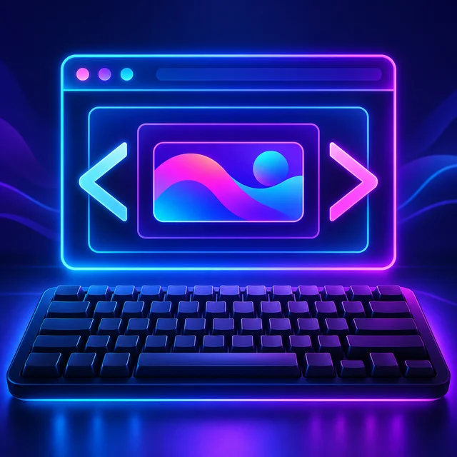 Angle brackets surrounding nested content inside a glowing browser window