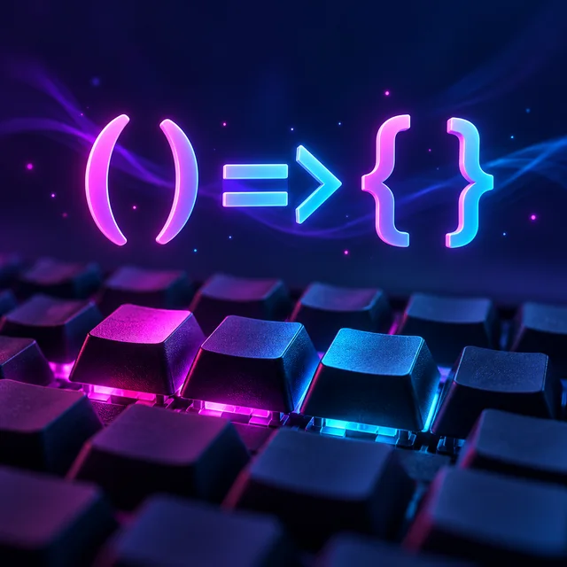 Bright parentheses, an arrow, and braces floating above a dark keyboard